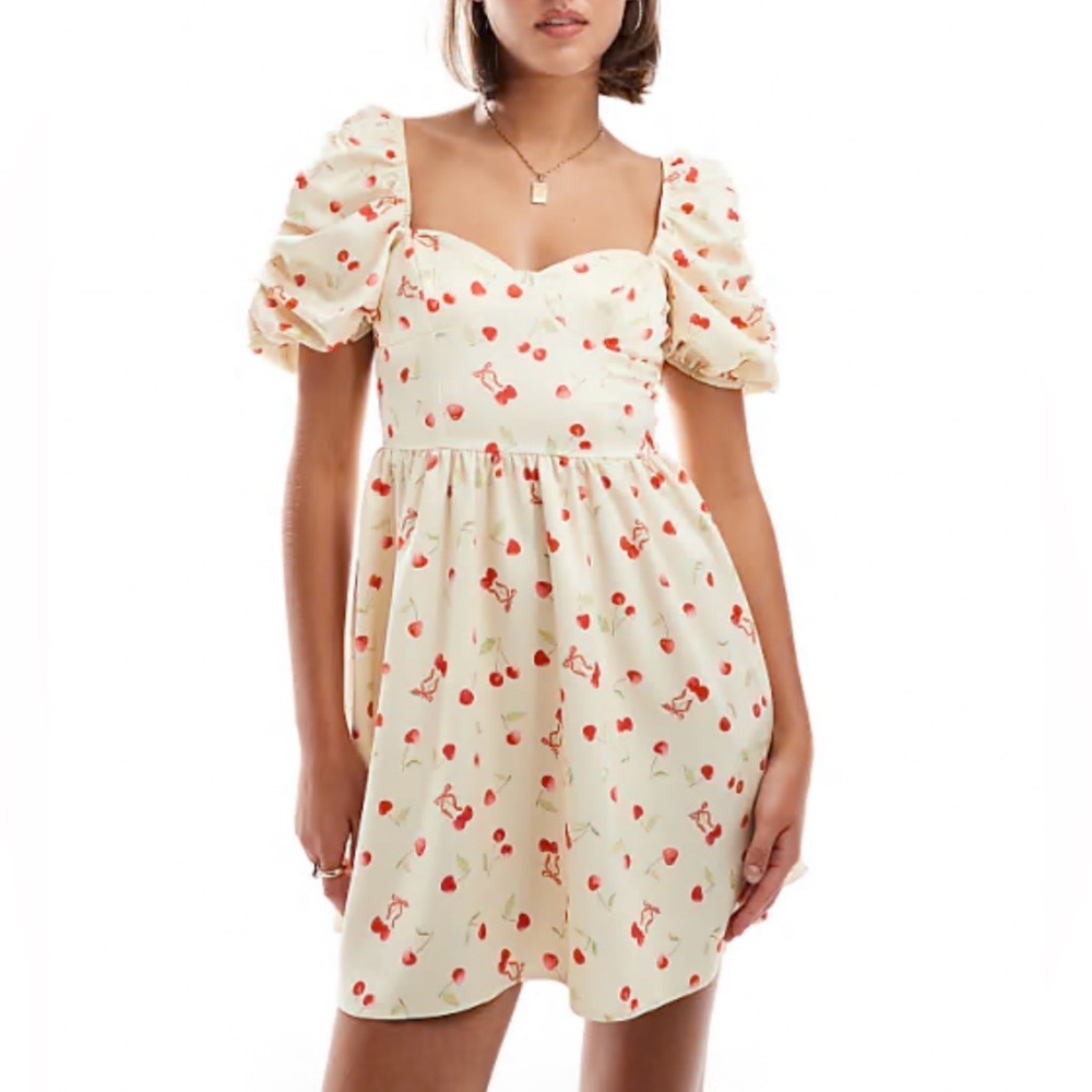 NWOT Miss Selfridge Satin Corset Puff Sleeve Yellow/Red Cherry Print Mini Dress